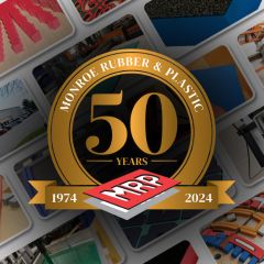 50 year anniversary logo over collage of Monroe Rubber photos from over the years